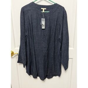 Eileen Fisher Linen Tunic Womens XL Dark Blue Denim Wash Long Sleeve Top NEW